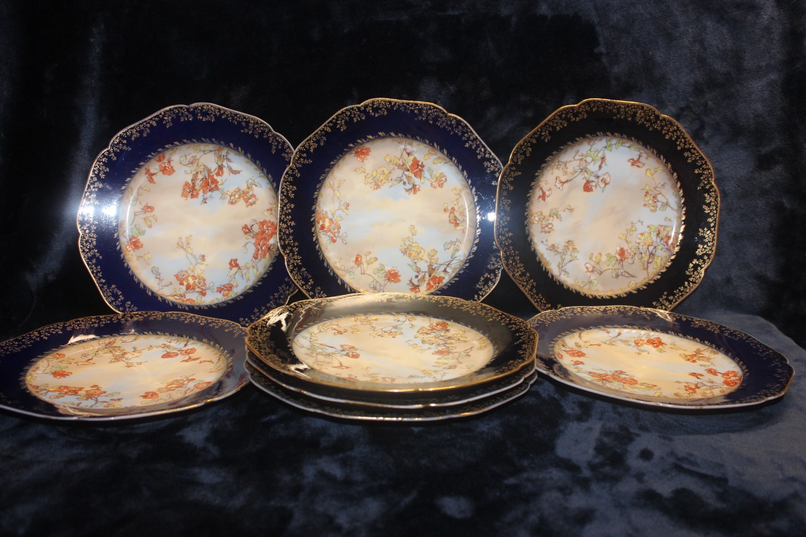 Set of 8 Rare Antique Depose Haviland Limoges Luncheon Plates, HP, Cobalt, Black