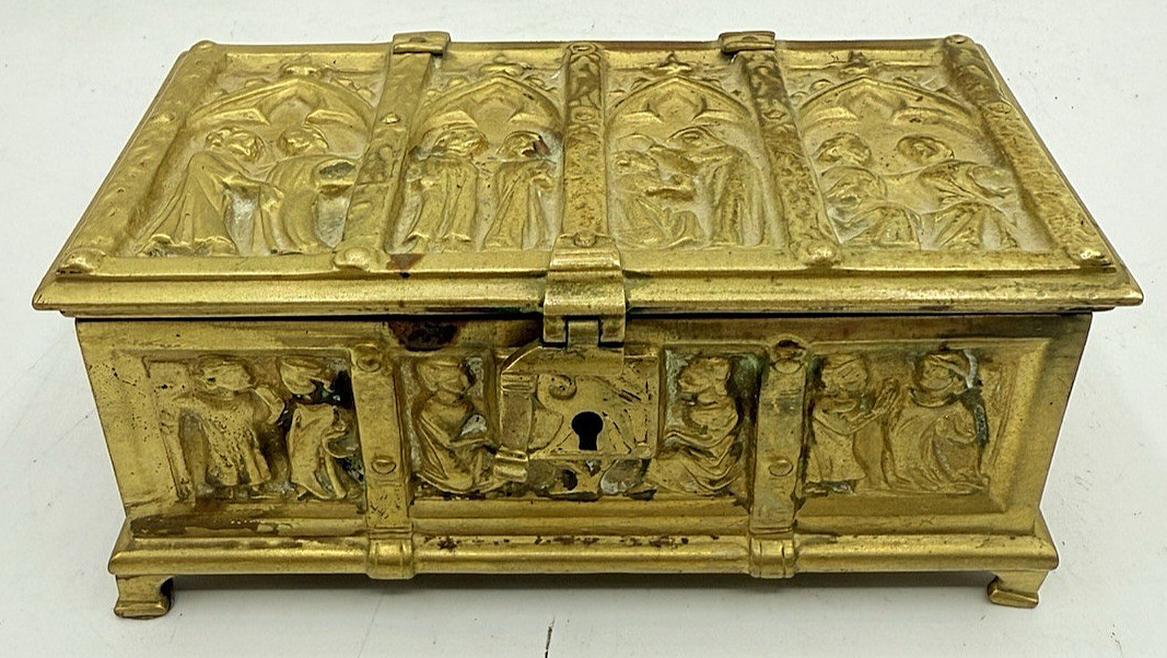 Antique E&S Erhard & Sohne German Brass Gothic Jewelry Casket Trinket Box Antique E&S Erhard & Sohne German Brass Gothic Jewelry Casket Trinket Box