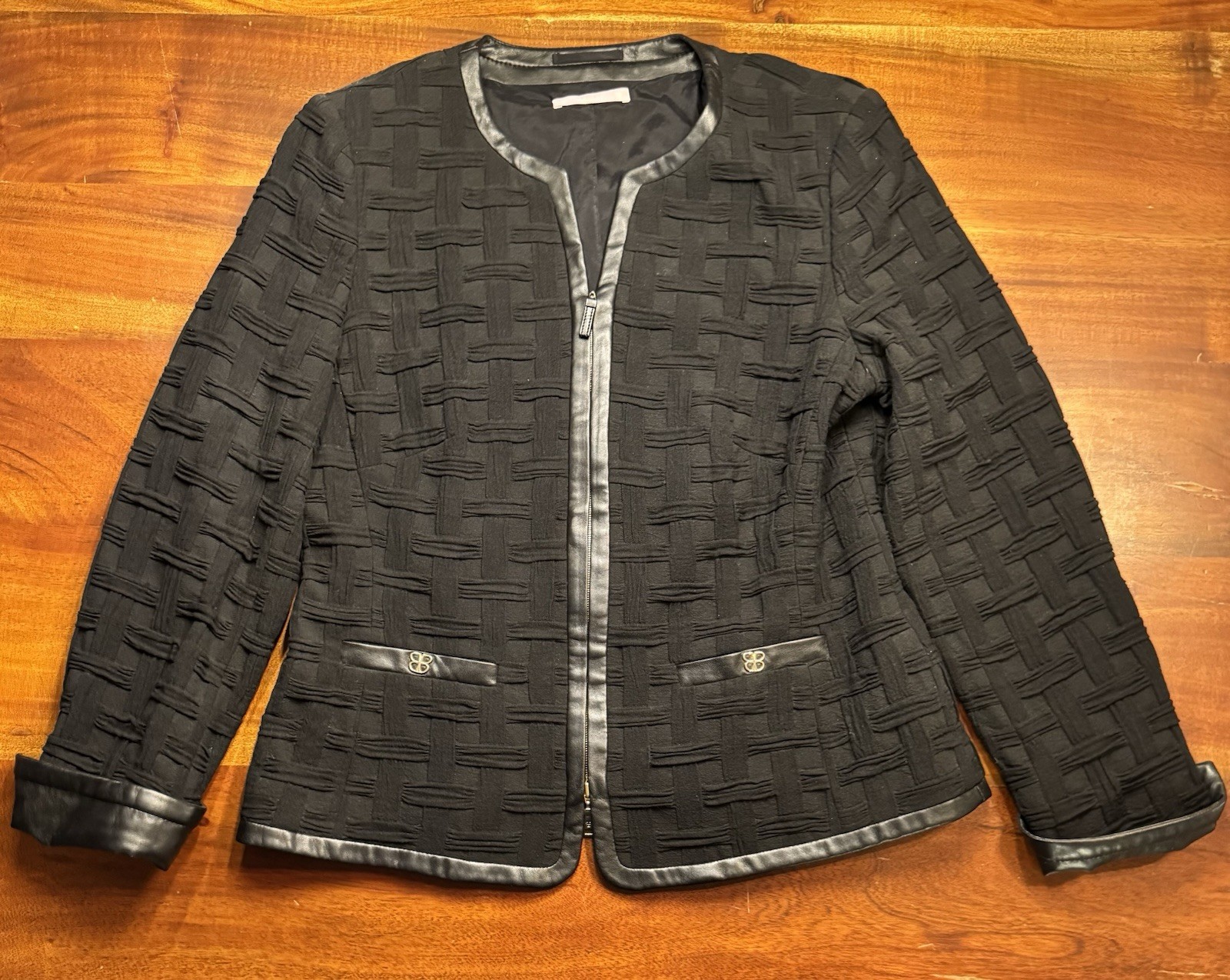 BASLER Women’s Black Zip Up Faux Leather Trim Jacket Blazer Sz 10/12 