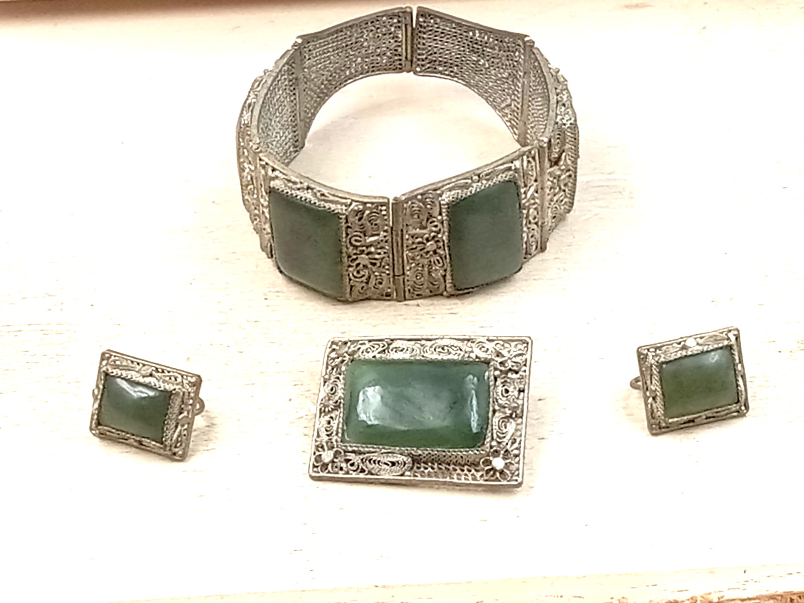 Chinese Export Filigree Silver & Jade Bracelet, Pin, & Earring Set: 61 grams Chinese Export Filigree Silver & Jade Bracelet, Pin, & Earring Set: 61 grams