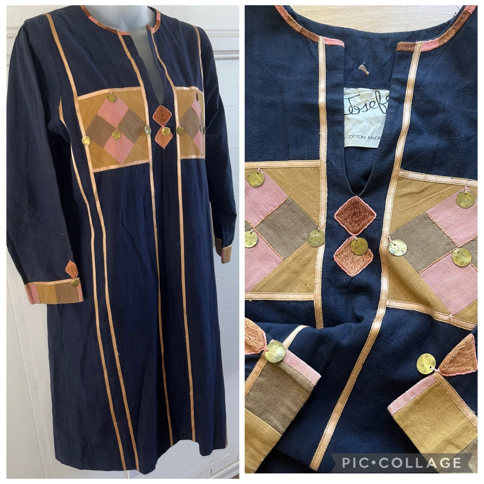 Vtg 1970s Josefa Ibarra Diseño Embroidered Coin Trim Kaftan Caftan Mexican Dress Vtg 1970s Josefa Ibarra Diseño Embroidered Coin Trim Kaftan Caftan Mexican Dress