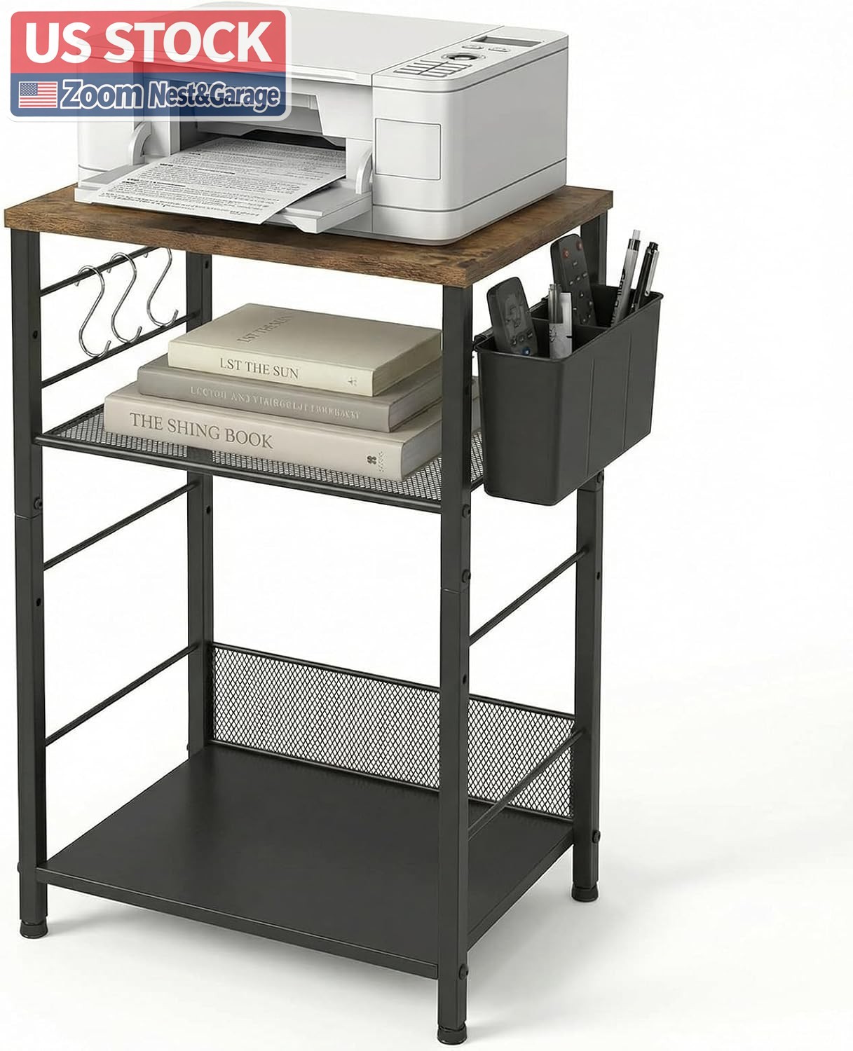 US Stock ECOLOVI Small Printer Stand 3 Tier Adjustable Shelf S Hooks Brown