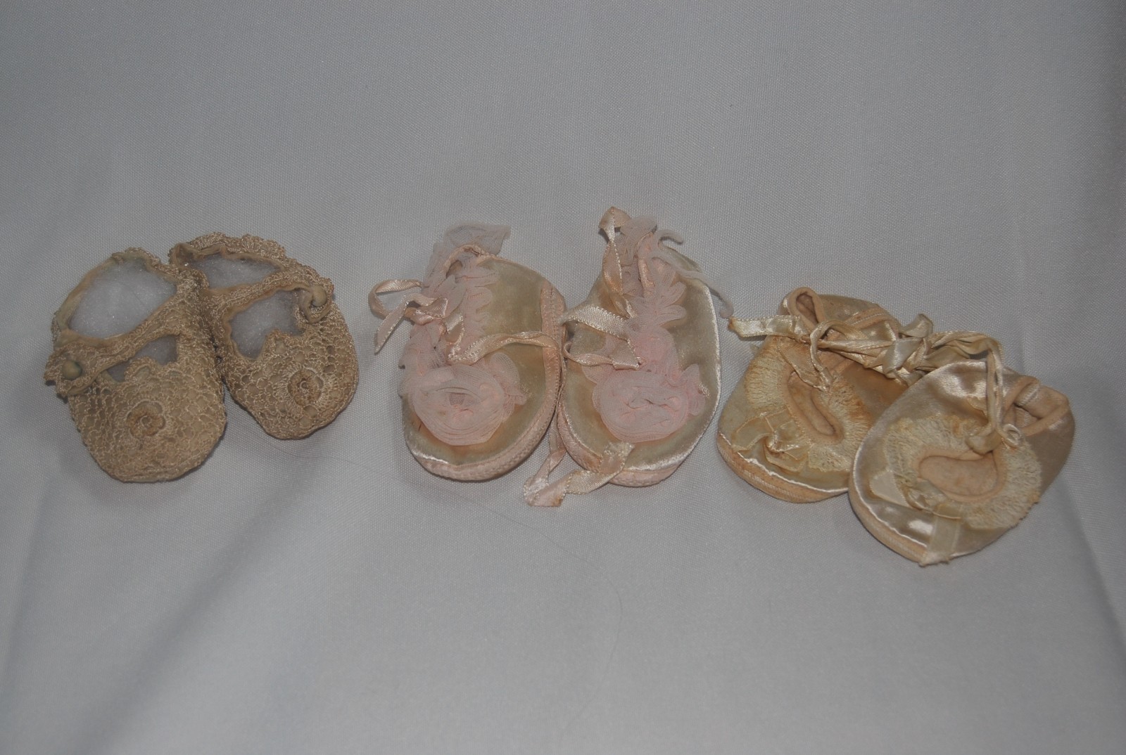 3 pairs of beautiful antique baby shoe slippers crochet satin silk ribbons