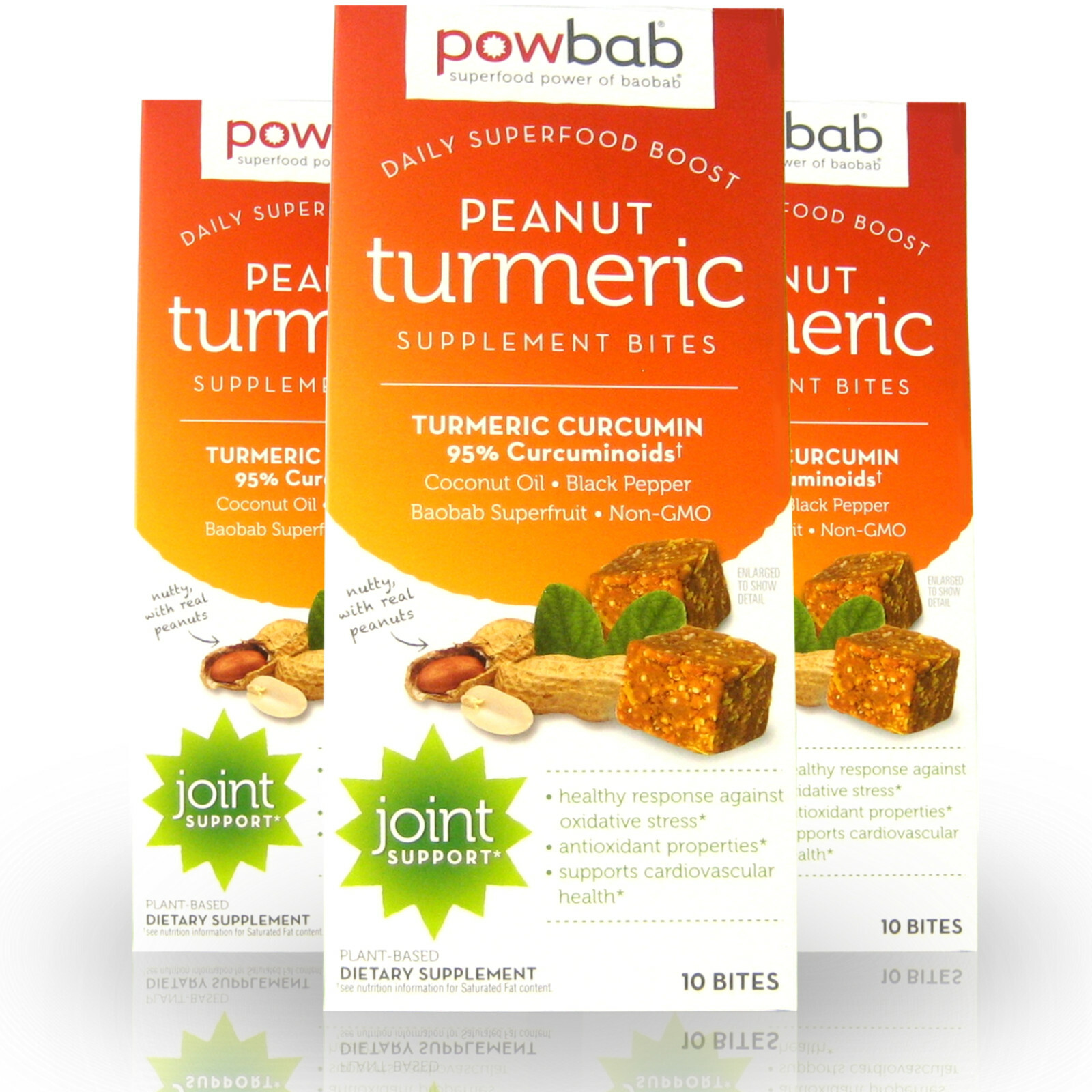 powbab Peanut Turmeric Supplement Bites Protein Snack, Organic Curcumin Joint x3