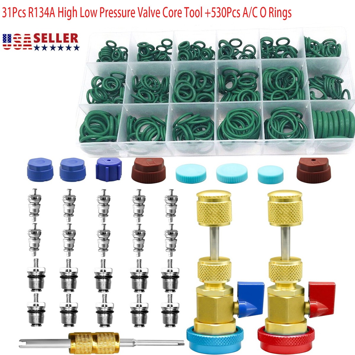 31Pcs R134A High Low Pressure Valve Core Installer with 530Pcs A/C O-Ring Set 31Pcs R134A High Low Pressure Valve Core Installer with 530Pcs A/C O-Ring Set