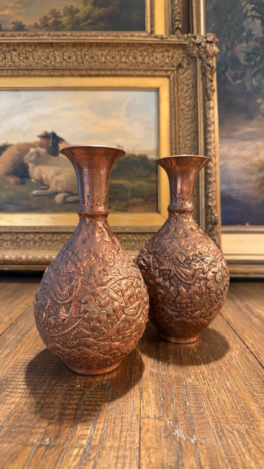 Antique Kashmiri Indo-Persian Repoussé Copper Vases, Pair, Hand-Hammered 