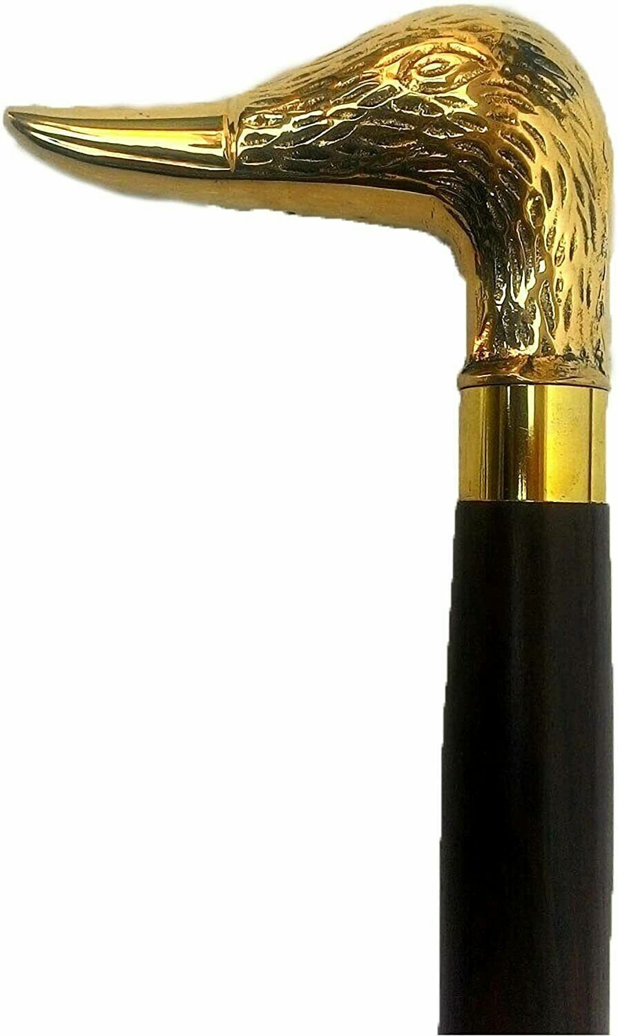 antique golden duck head handle wooden cane vintage 37\