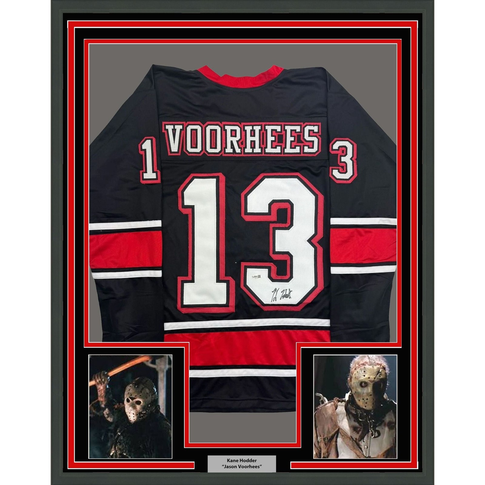Framed Autographed/Signed Kane Hodder 35x39 Jason Voorhees Jersey JSA COA Framed Autographed/Signed Kane Hodder 35x39 Jason Voorhees Jersey JSA COA