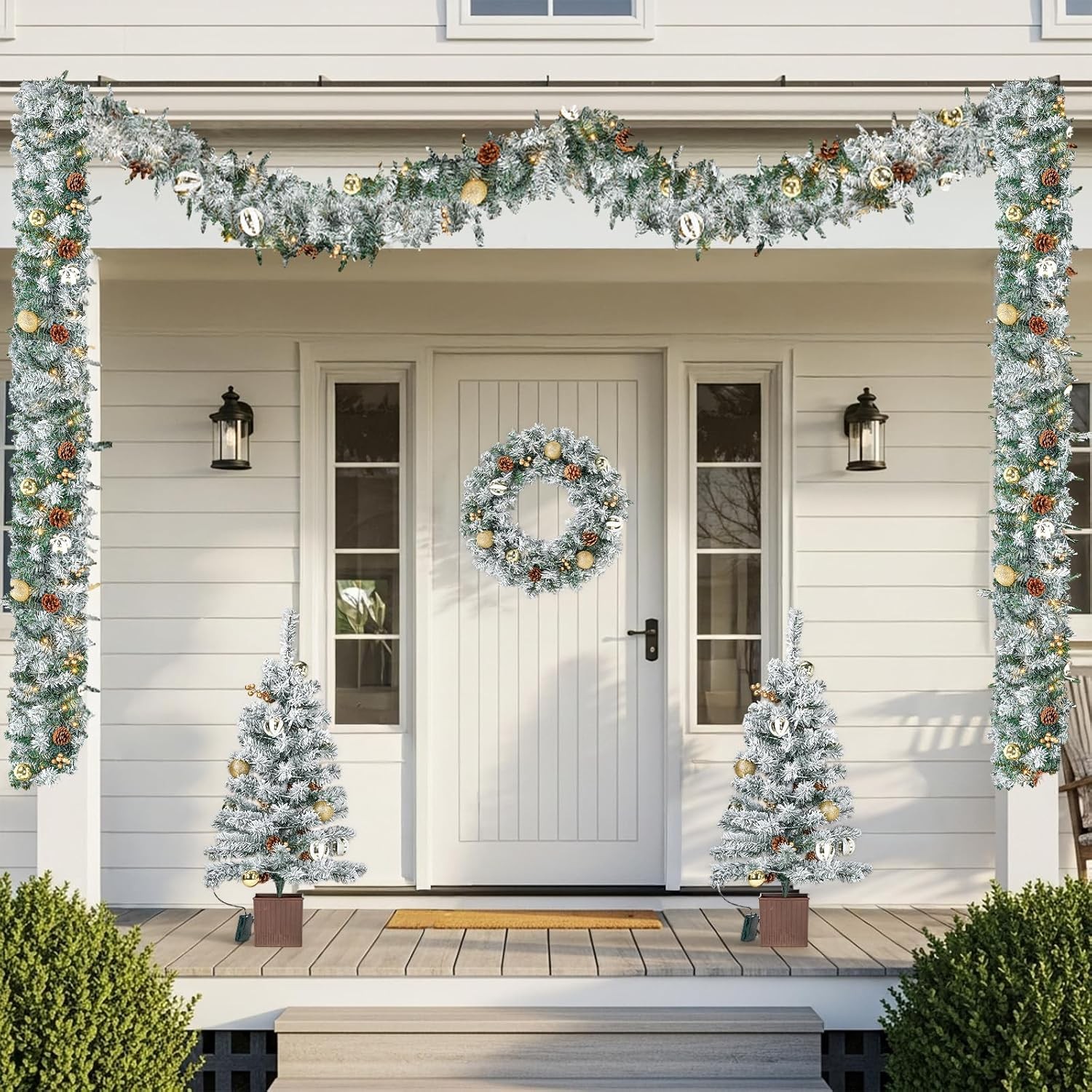 Pre-lit Holiday Decoration Set with Warm White LED Lights,Snow-Flocked Artificia