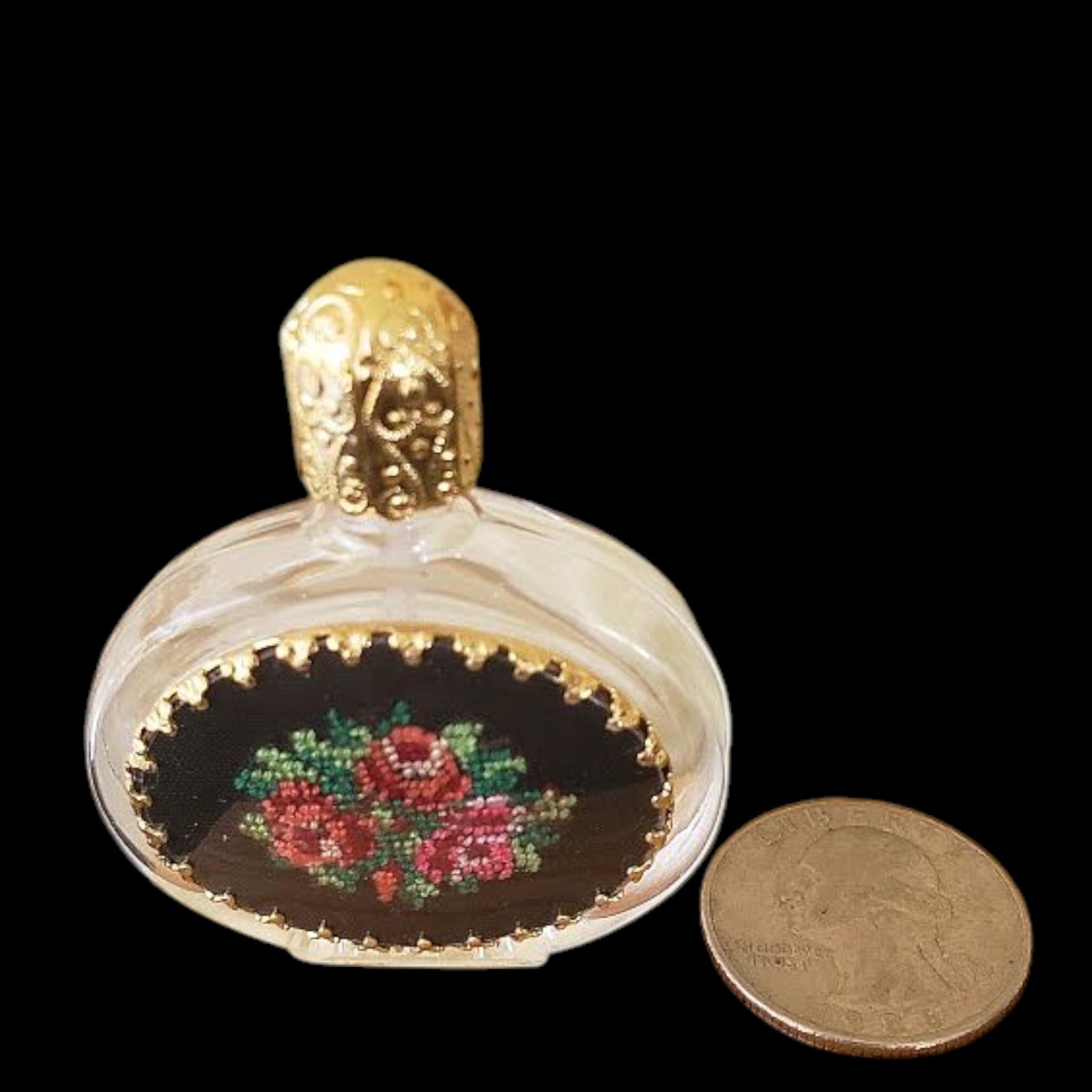 Vintage Petit Point Perfume Bottle Original Box Filigree Top Austria, Disneyland