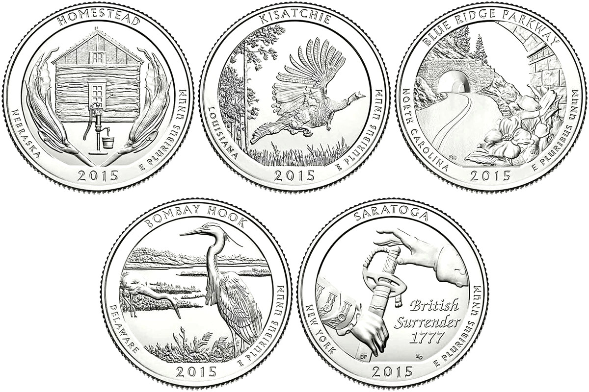 2015-D ### America The Beautiful Quarters ### 5 (AU) Coins Set +1 (BU) Bonus 5c 2015-D ### America The Beautiful Quarters ### 5 (AU) Coins Set +1 (BU) Bonus 5c