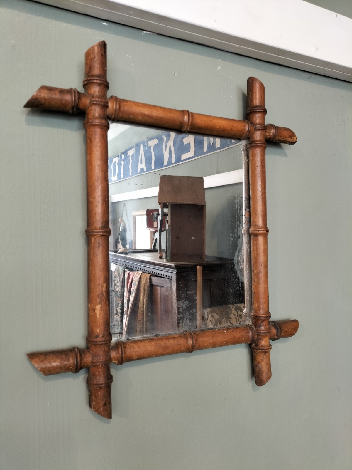 19th Century Antique Faux Bamboo Wall Hanging Mirror Decorative Original Plate 19th Century Antique Faux Bamboo Wall Hanging Mirror Decorative Original Plate