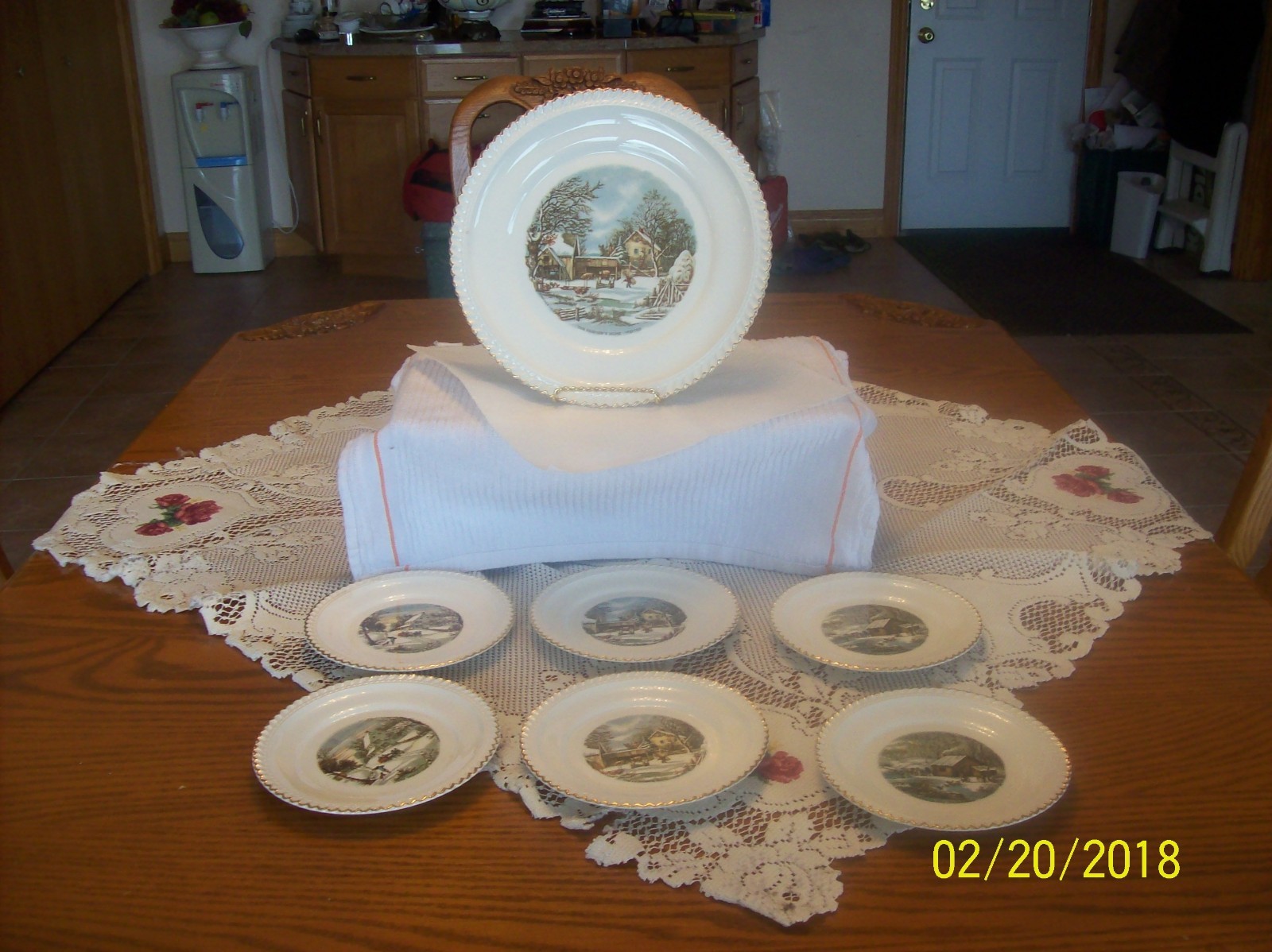 Harker Ware Pottery Made USA Currier & Ives Vtg Cake Plate & 6 Dessert Plates Harker Ware Pottery Made USA Currier & Ives Vtg Cake Plate & 6 Dessert Plates