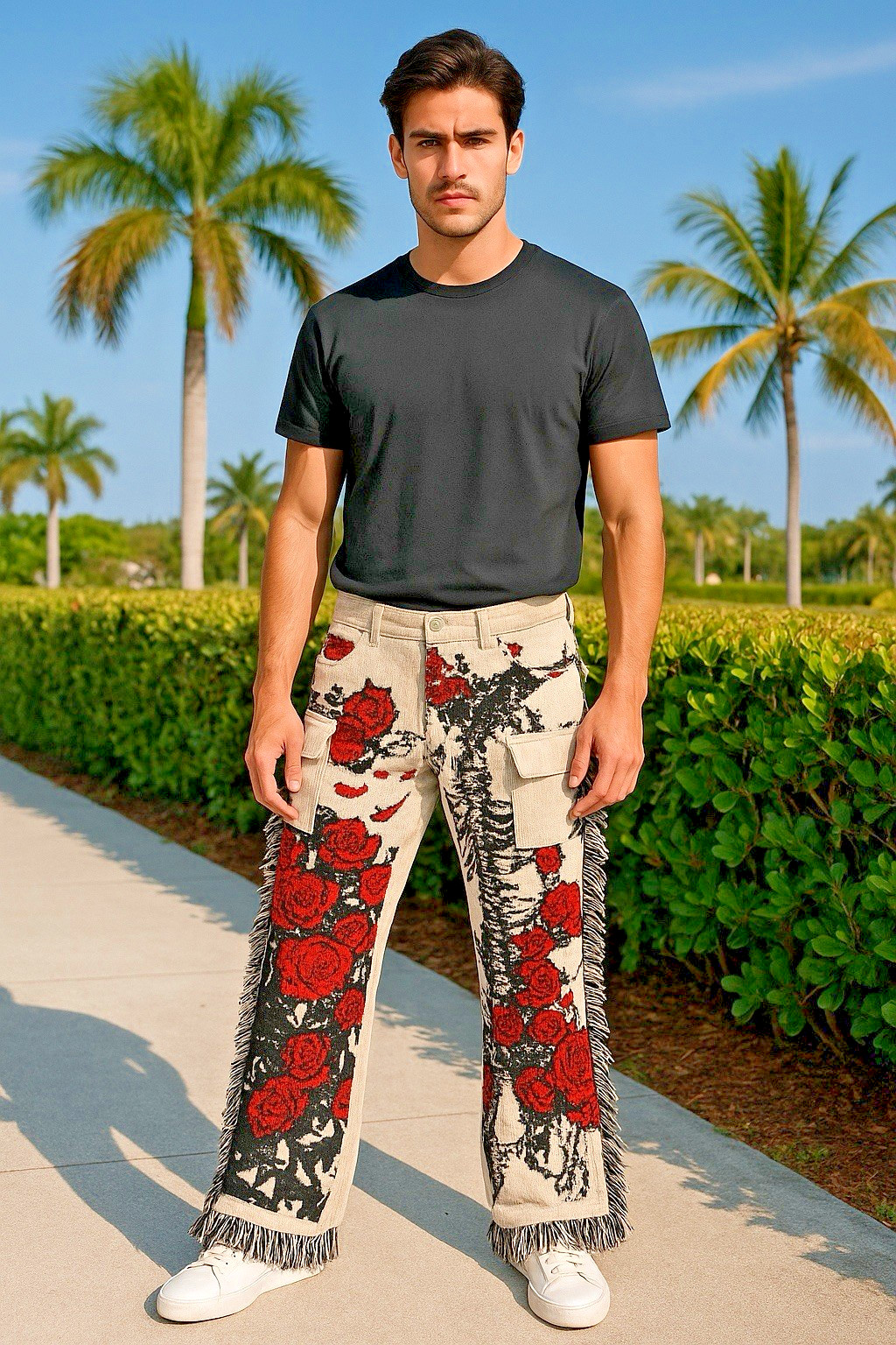 Guapi French Roses Tapestry Mid Rise Frayed Edge Cargo Pants Sz 40 Rare Eskeleto