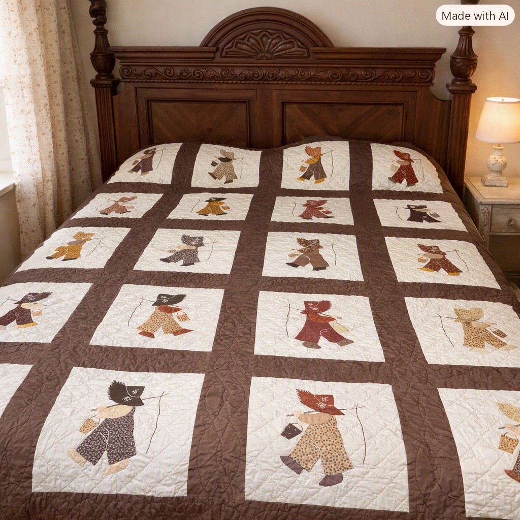 Vintage Sunbonnet Sue Quilt Appliqued Embroidered & Quilted 80 x 74”. Hand made Vintage Sunbonnet Sue Quilt Appliqued Embroidered & Quilted 80 x 74”. Hand made