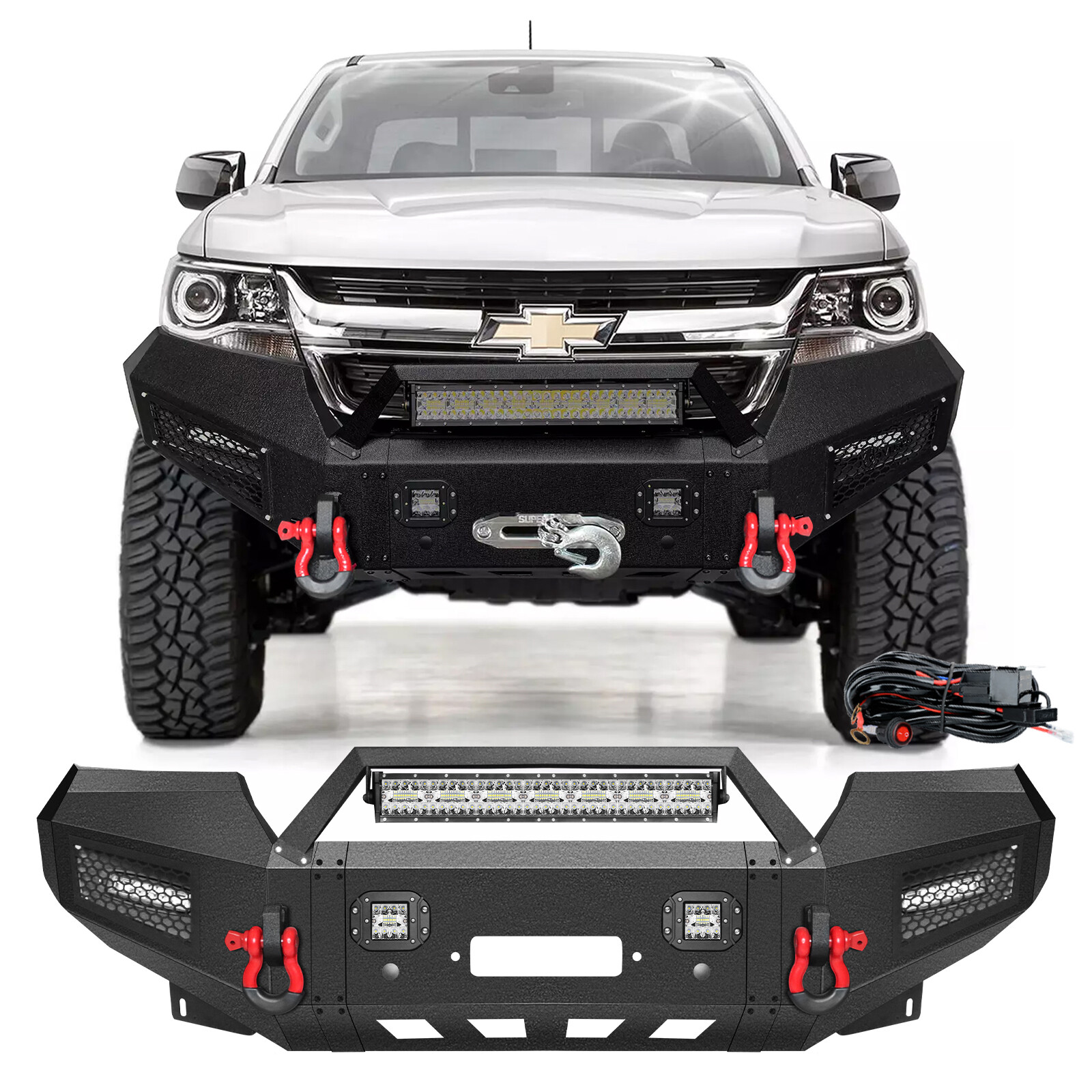 For 2015-2022 Chevy Colorado Steel Front Bumper With Winch Plate & Lights + Wire For 2015-2022 Chevy Colorado Steel Front Bumper With Winch Plate & Lights + Wire