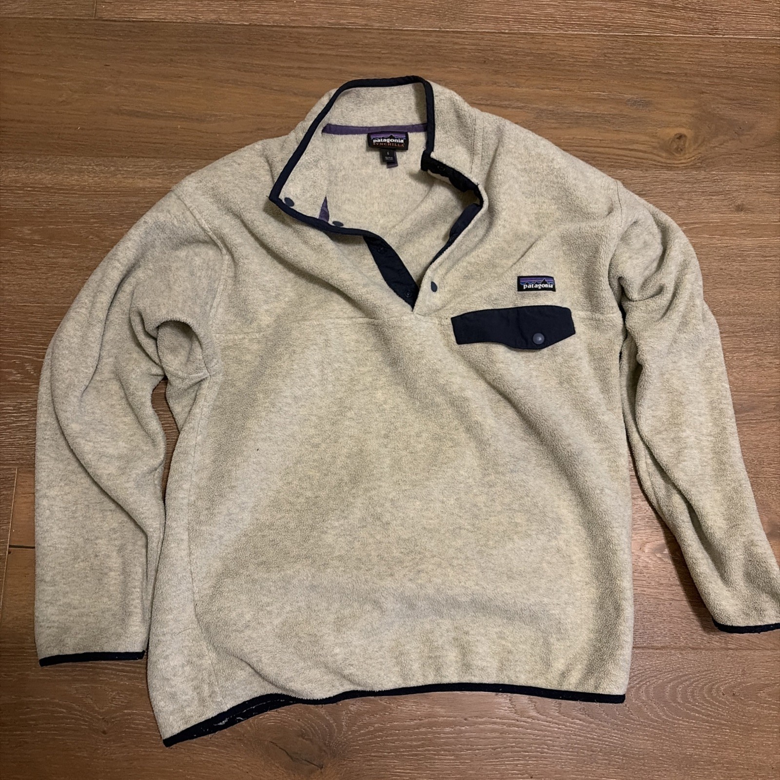 Patagonia Synchilla Men’s Collared Fleece Pullover Sweater Beige/blue L Patagonia Synchilla Men’s Collared Fleece Pullover Sweater Beige/blue L