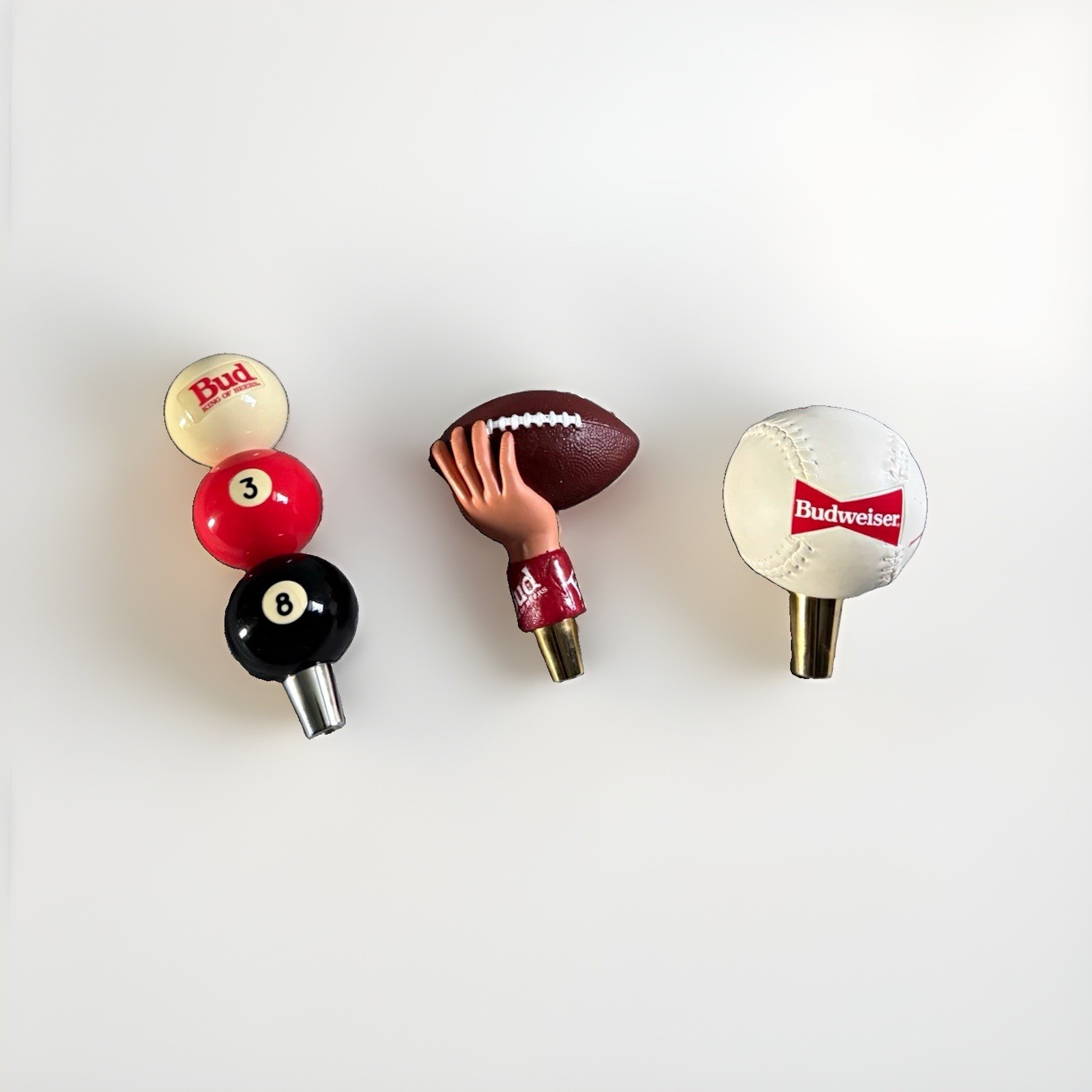 Budweiser Tap Handle Sports 3pc - Baseball, Football & Pool Ball - Rare/Limited Budweiser Tap Handle Sports 3pc - Baseball, Football & Pool Ball - Rare/Limited