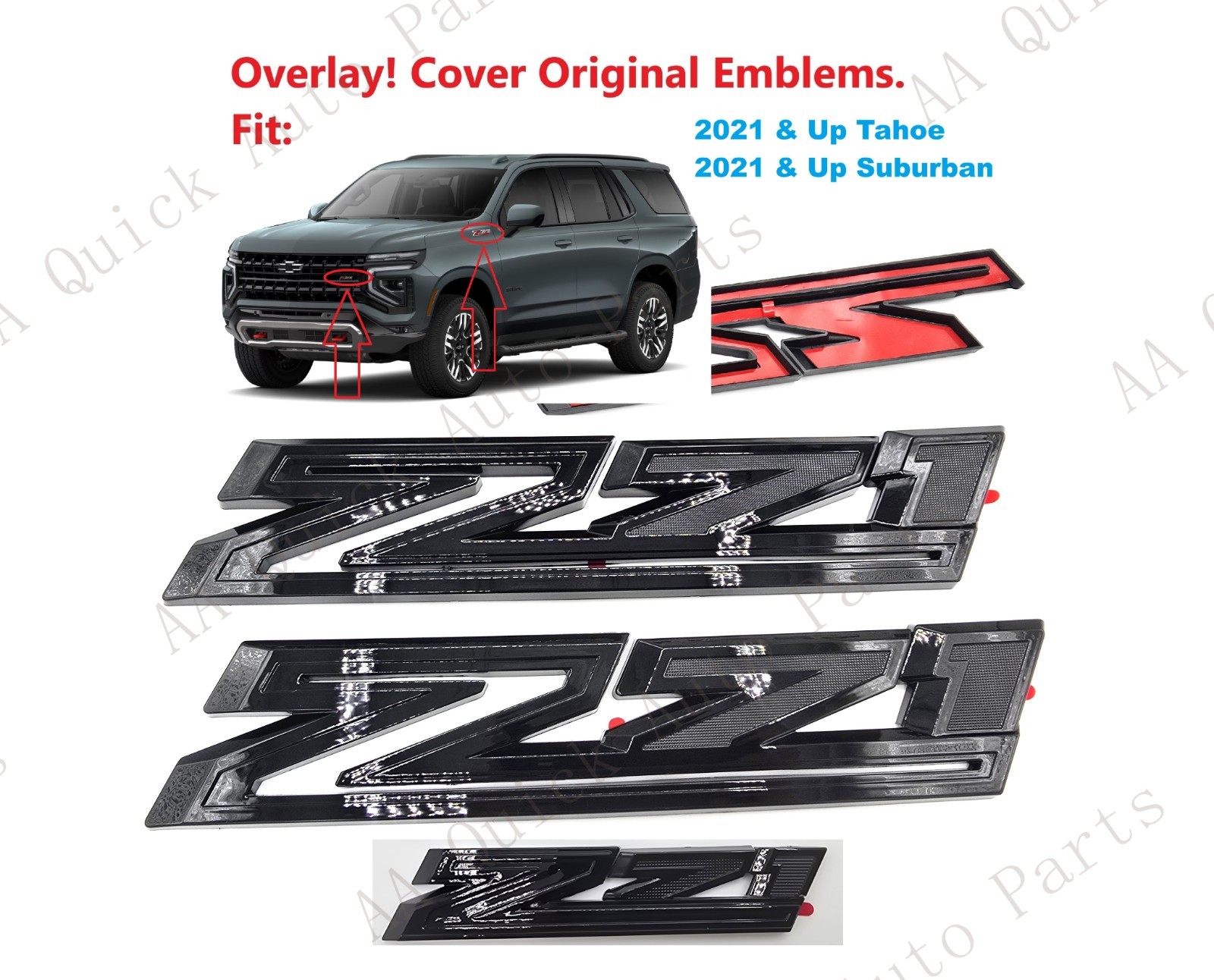 3PCS Gloss black Fender Front Grille Z71 Overlay Emblems 2021+ Tahoe Suburban