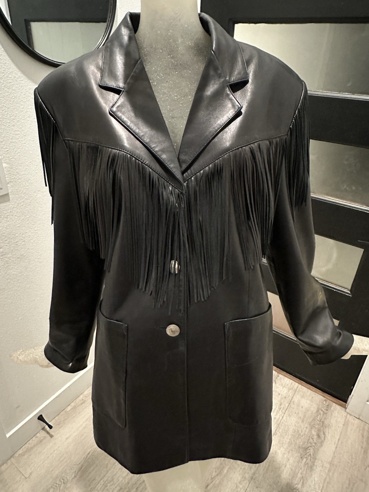 Vtg José Luis USA Black Leather Western Fringe Blazer Buffalo Nickel Sz 11/12