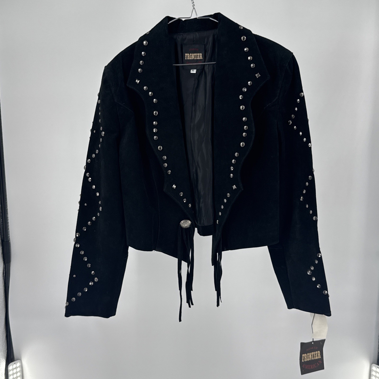 NWT North Frontier American Womens M Black Suede Studded Western Fringe Jacket