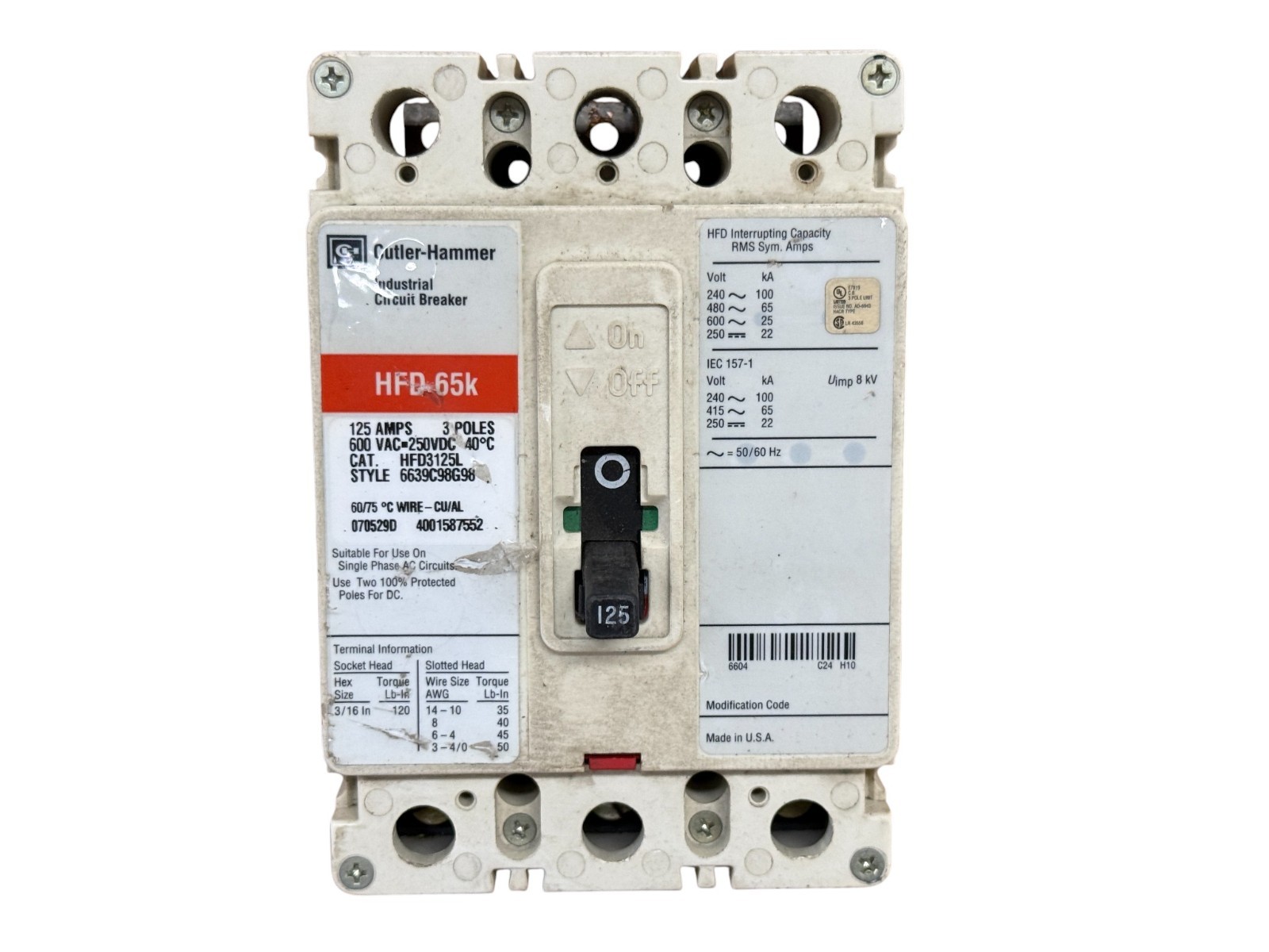 EATON HFD3125L 125A 3-PHASE 3-POLE 600V F-FRAME MOLDED CASE CIRCUIT BREAKER EATON HFD3125L 125A 3-PHASE 3-POLE 600V F-FRAME MOLDED CASE CIRCUIT BREAKER