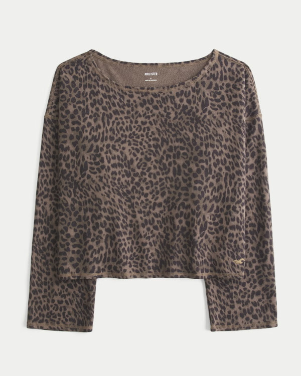 Hollister Easy Off-the-Shoulder Leopard Print Terry Sweatshirt🔥 No Import Fee