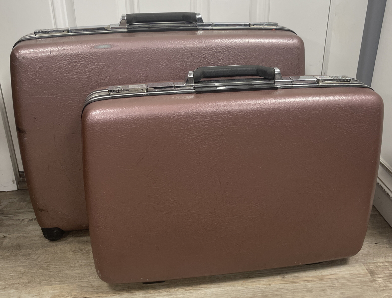 Vintage Metallic American Tourister Luggage Hardside Pink Rose Mauve Set of 2