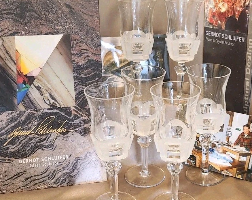 GERNOT SCHLUIFER 6 Art Deco Signed Crystal Goblets, Book +more AUSTRIAN SCULPTER