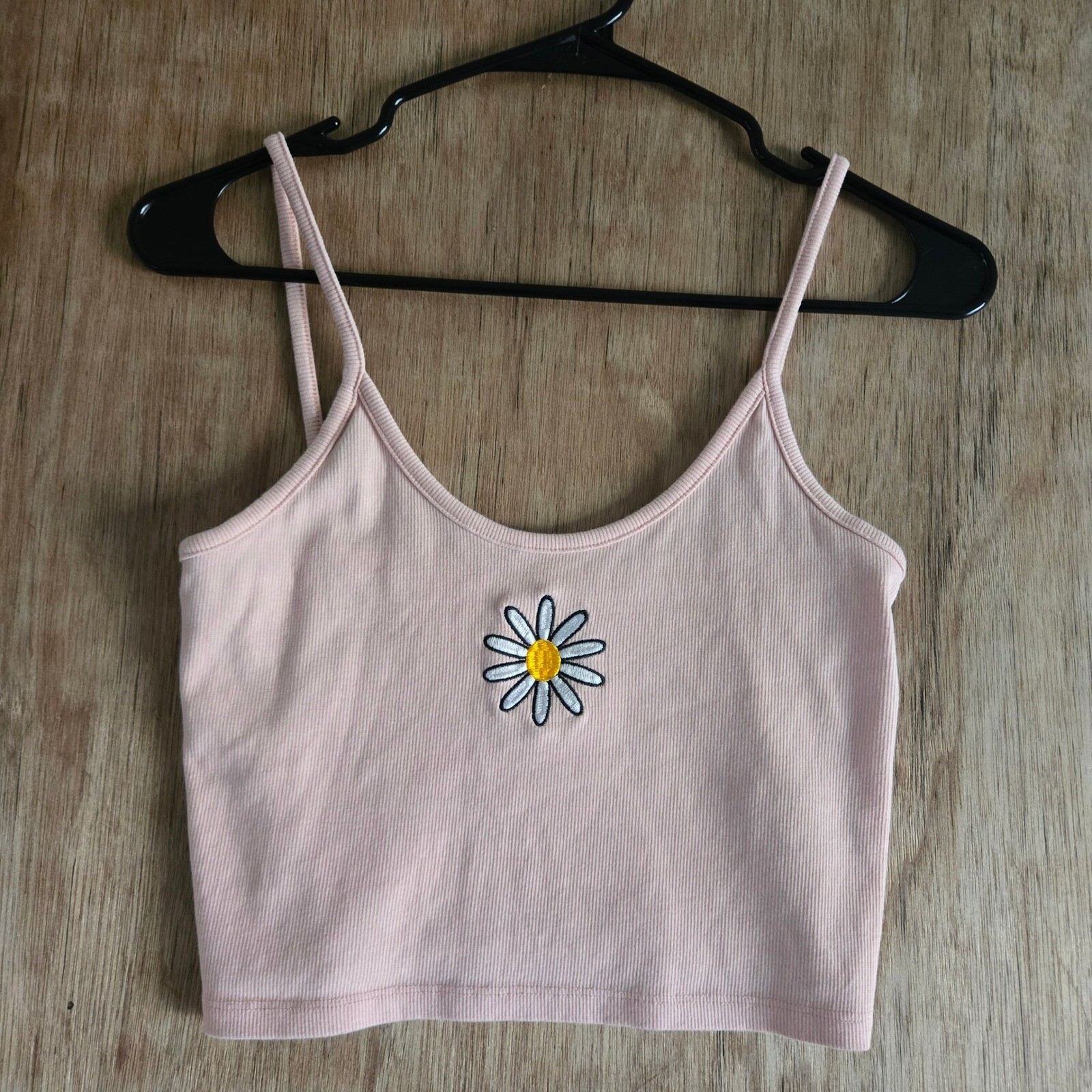 Boho Y2K Cottagecore Cotton On Pink Ribbed Daisy Embroidered Crop Tank Top Large