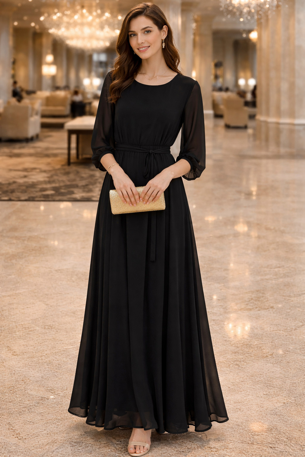 Baltic Born Women\'s XL Black Chiffon 3/4 Sleeve Rebecca Maxi Dress