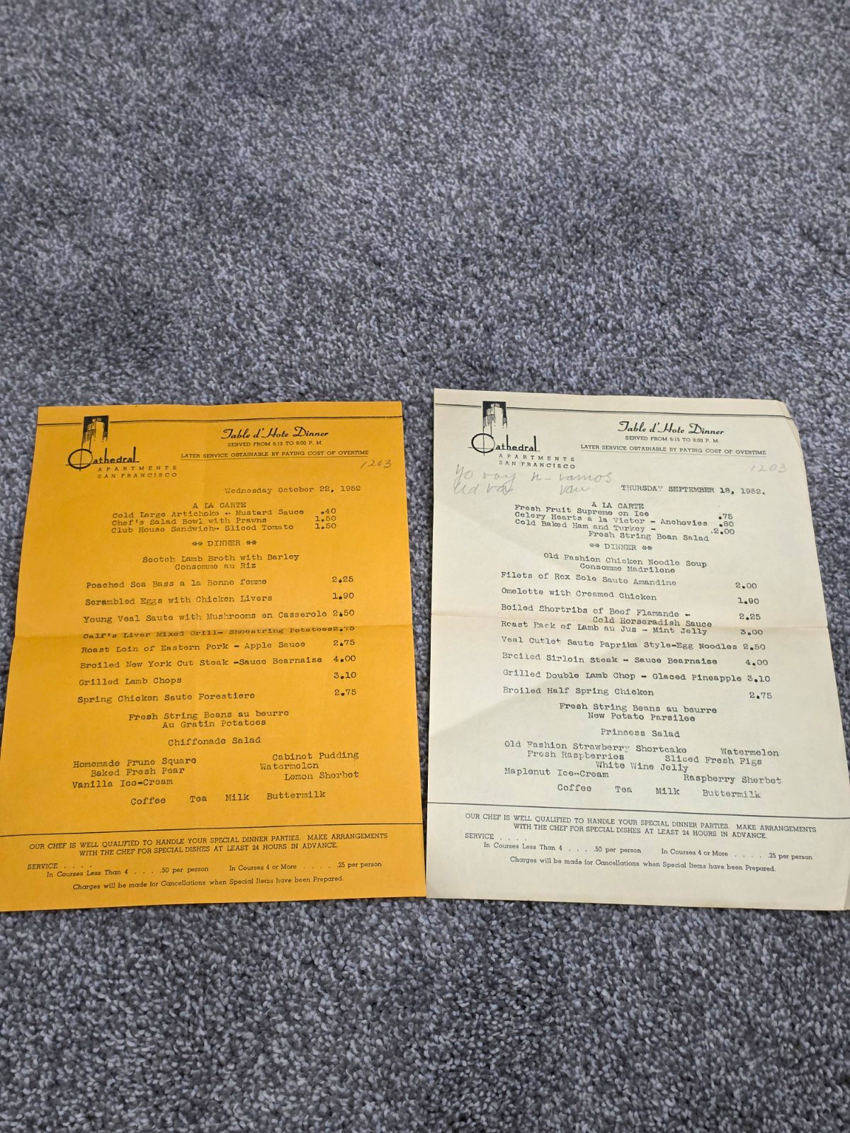 Vintage 1952 Cathedral Apartments San Francisco Menus Pair SF History Ephemera