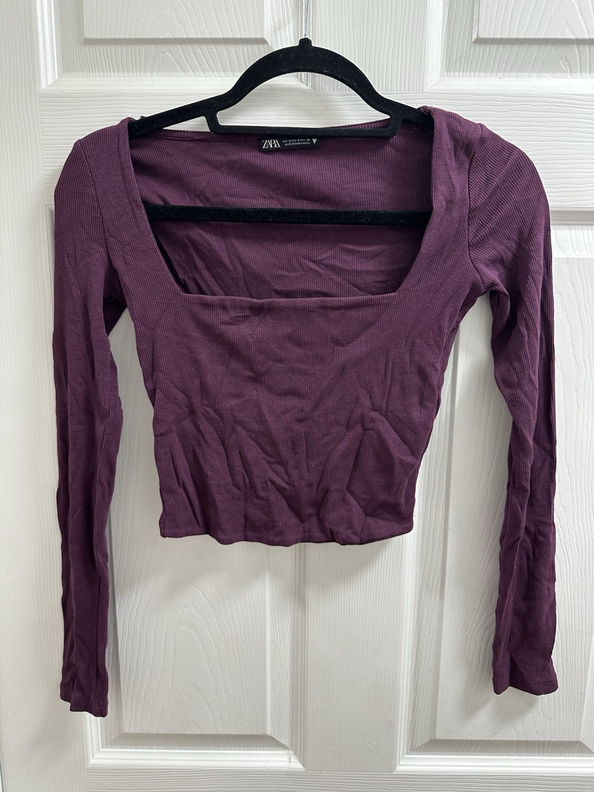 Zara Women’s Cropped Long Sleeve Purple Ribbed Top With Square Neckline Zara Women’s Cropped Long Sleeve Purple Ribbed Top With Square Neckline