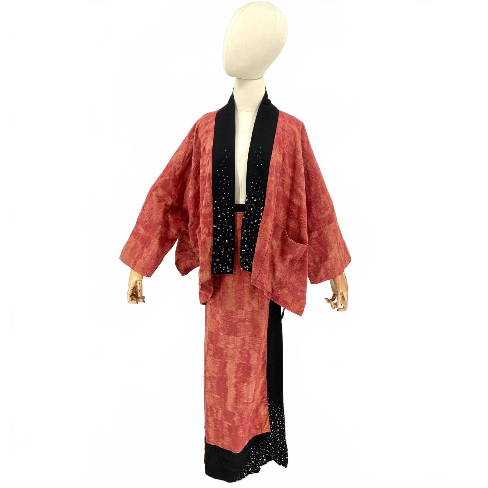 Vintage 90s Thai Cotton Bejeweled Kimono Wrap Skirt Set