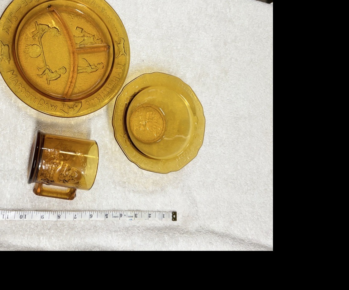 Vintage Tiara Amber Glass Childrens Nursery Rhyme Dish Set 1970s Plate Bowl Mug