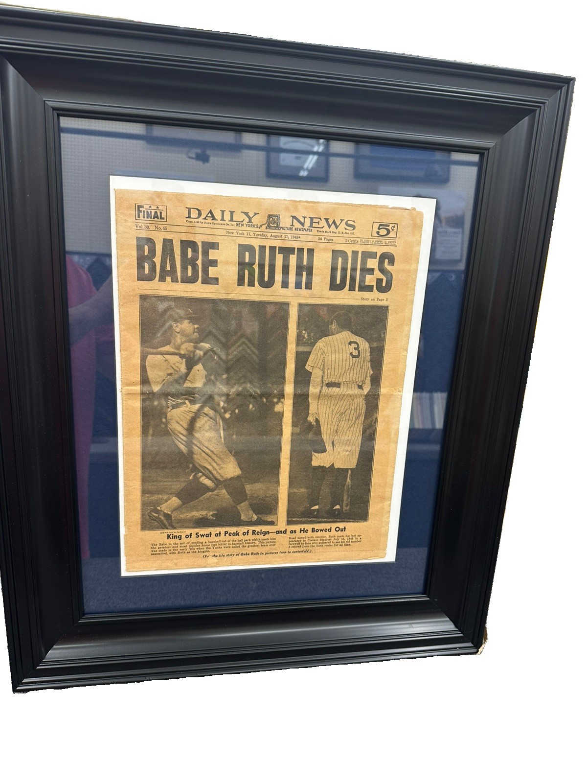 BABE RUTH DIES 1948 New York Daily NEWS Yankees Newspaper ORIGINAL- New Frame BABE RUTH DIES 1948 New York Daily NEWS Yankees Newspaper ORIGINAL- New Frame