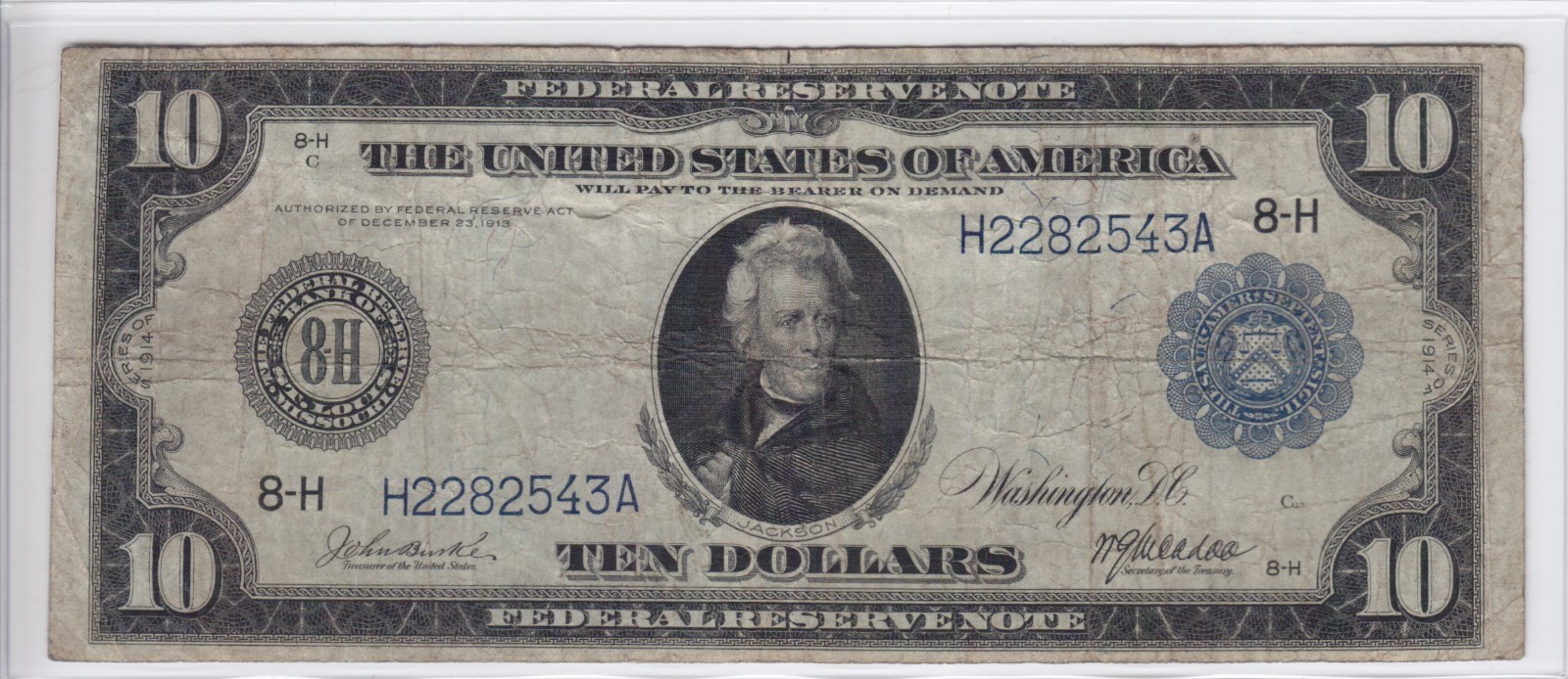 1914 $10 Federal Reserve Note St. Louis, MO FR#932 H2282543A 1914 $10 Federal Reserve Note St. Louis, MO FR#932 H2282543A