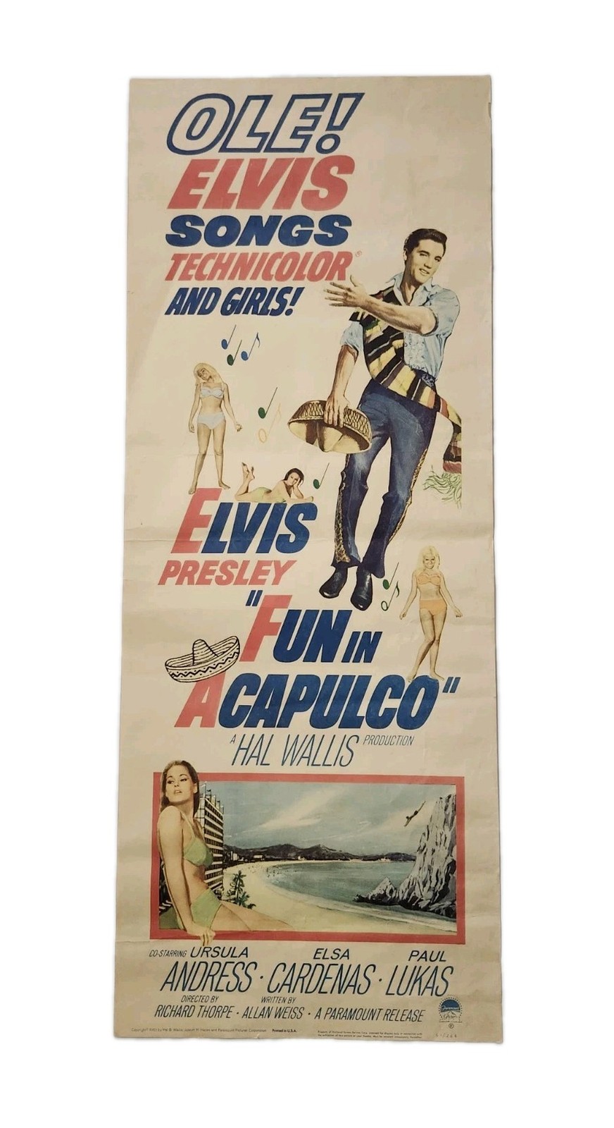 Vintage 1963 Elvis Presley Fun in Acapulco Insert Movie Poster Original 14x36