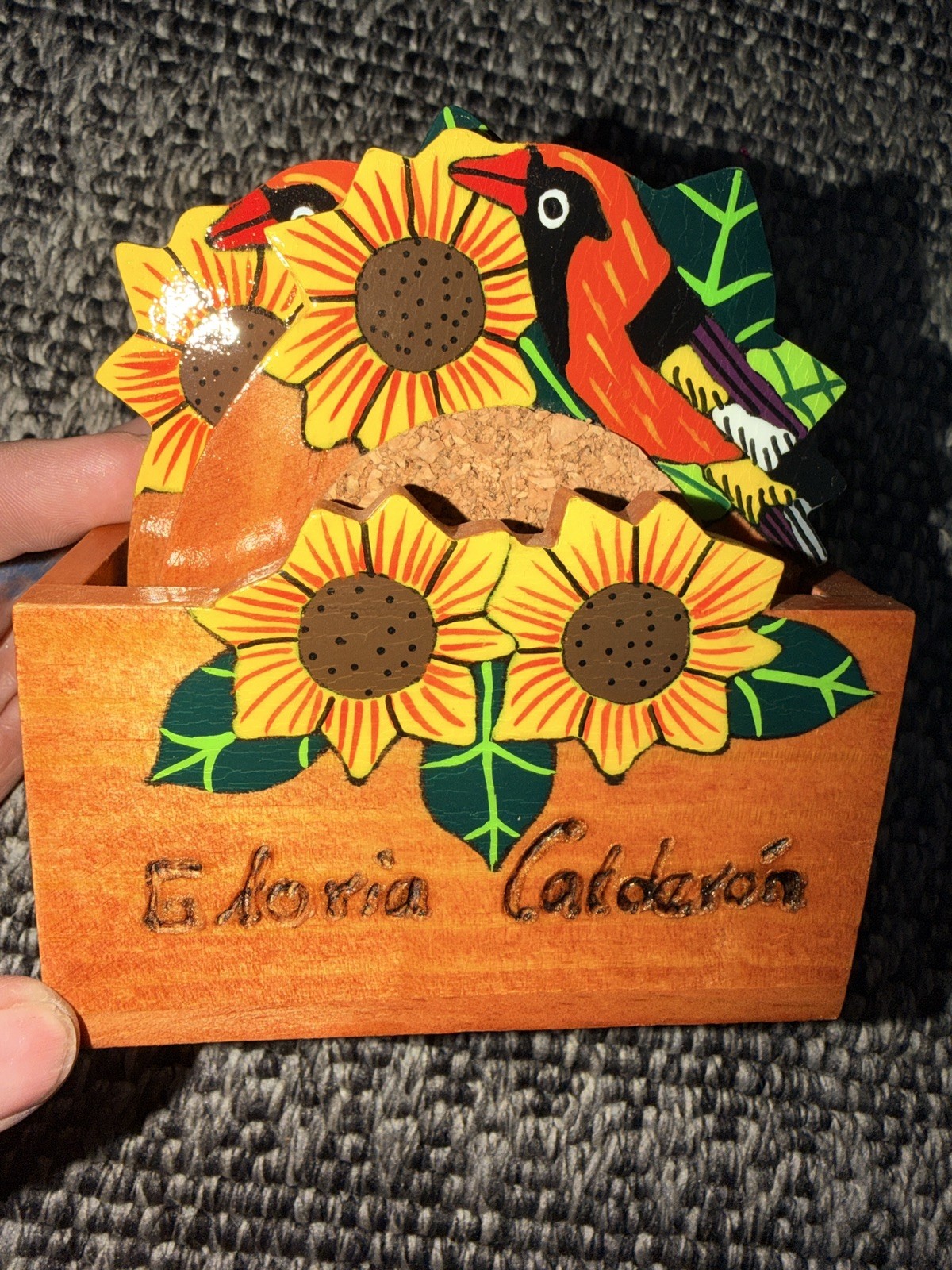 Vintage Wooden sunflower Oriole bird coaster set with 6 coasters and wooden box. Vintage Wooden sunflower Oriole bird coaster set with 6 coasters and wooden box.