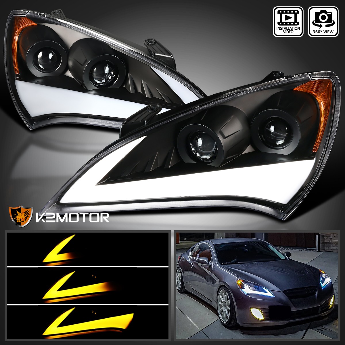 Black Fit 2010-2012 Hyundai Genesis 2Dr Coupe Projector Headlight LED Sequential Black Fit 2010-2012 Hyundai Genesis 2Dr Coupe Projector Headlight LED Sequential