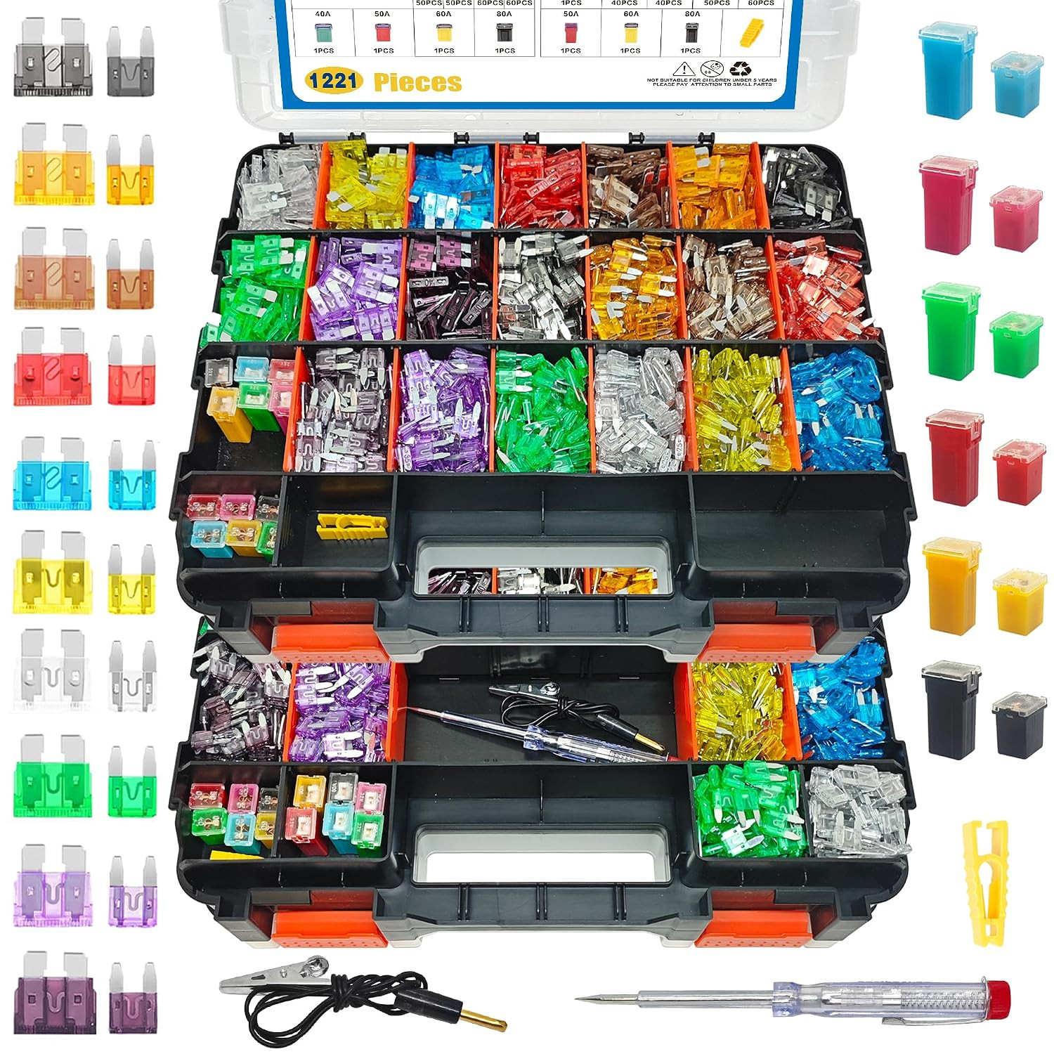 1221PCS Car Fuse Assortment Kit Mini &Standard Blade Tall/Std Profile Box Shaped