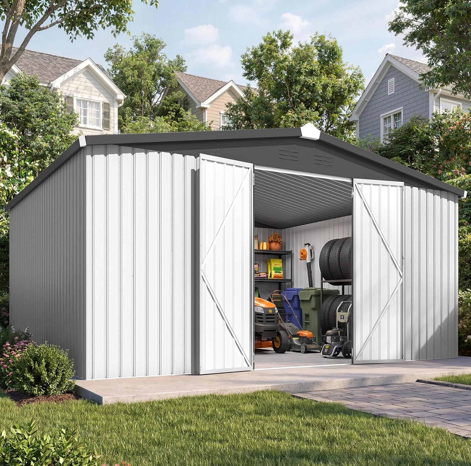12x14 ft Metal Outdoor Storage Shed, Waterproof Lockable Double Doors, White