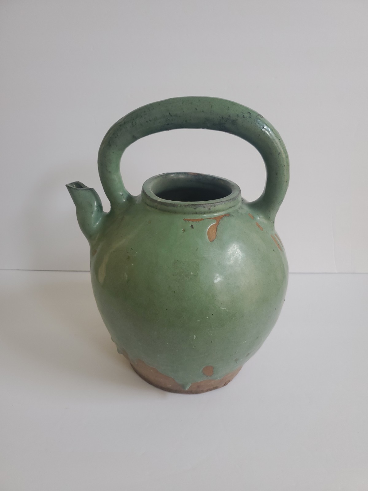 Antique 19th Century French Green Glazed Terracotta Gargoulette Water Jug  