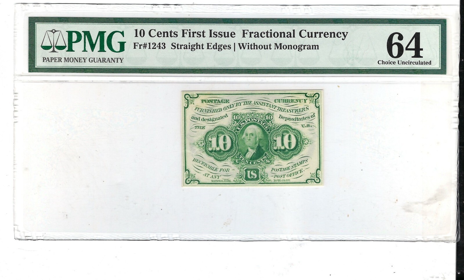 Fr-1243 $0.10 First Issue Fractional Currency - 10 Cents - Graded PMG Unc 64 Fr-1243 $0.10 First Issue Fractional Currency - 10 Cents - Graded PMG Unc 64