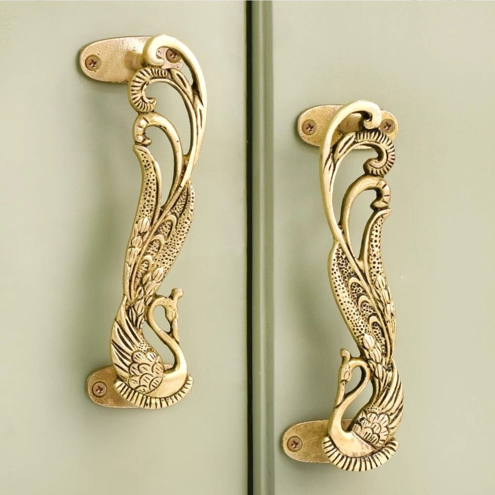 Set of 2 Antique Look Brass Decorative Indian Peacock Door Handle Home Decor