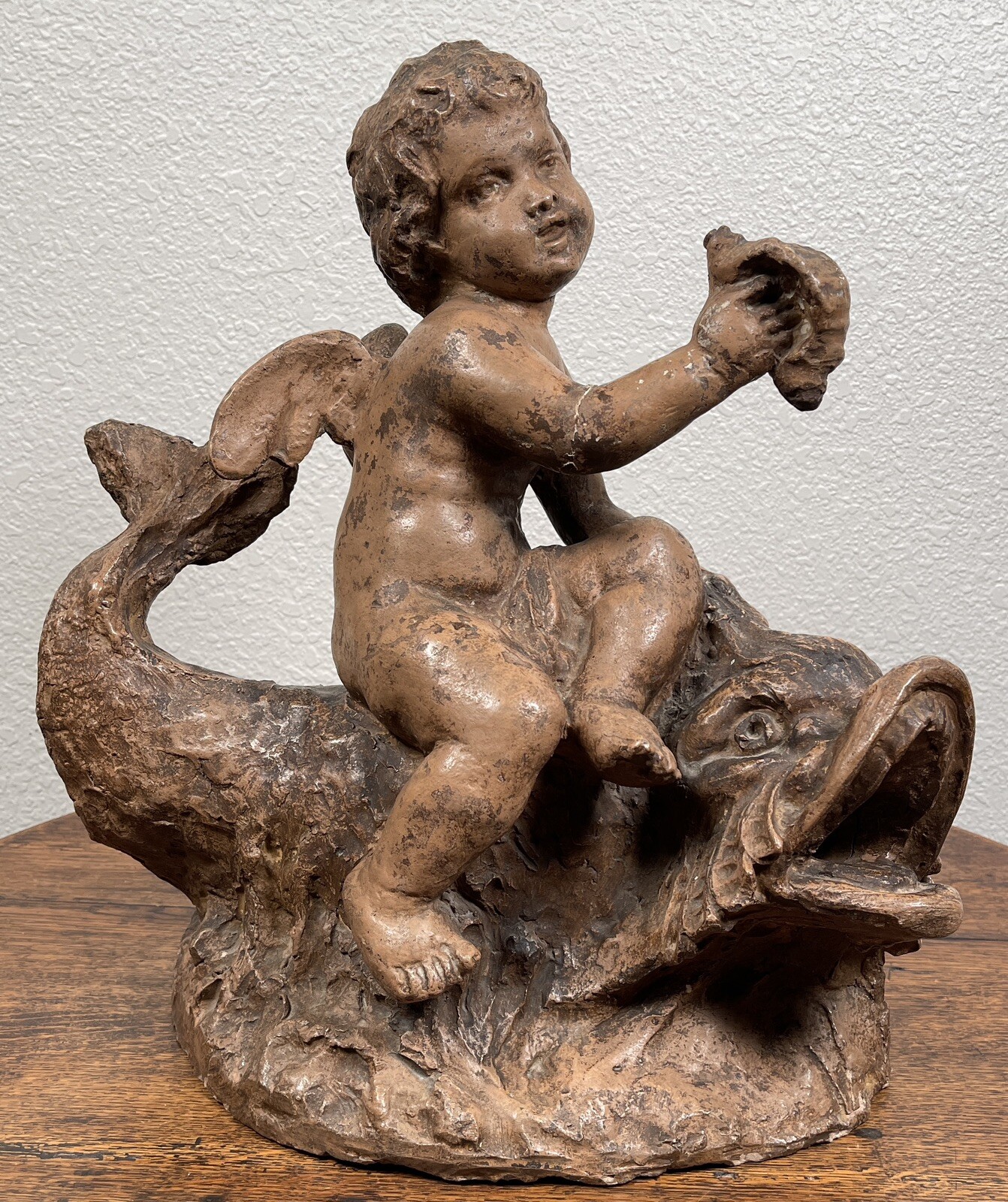 Antique Italian Terracotta Sculpture Boy Putti w/ Dolphin Baroque 18th Century
