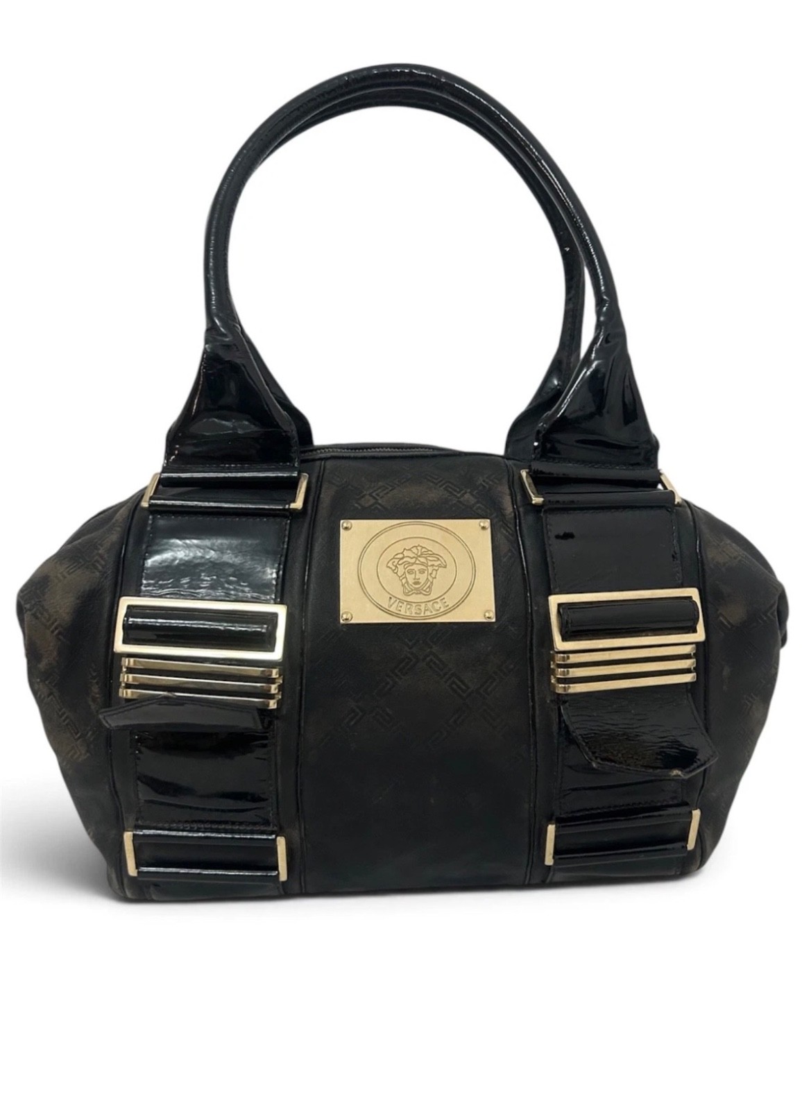 VINTAGE ITALIAN VERSACE MEDUSA BLACK LEATHER TOTE SHOULDER HANDBAG PURSE 