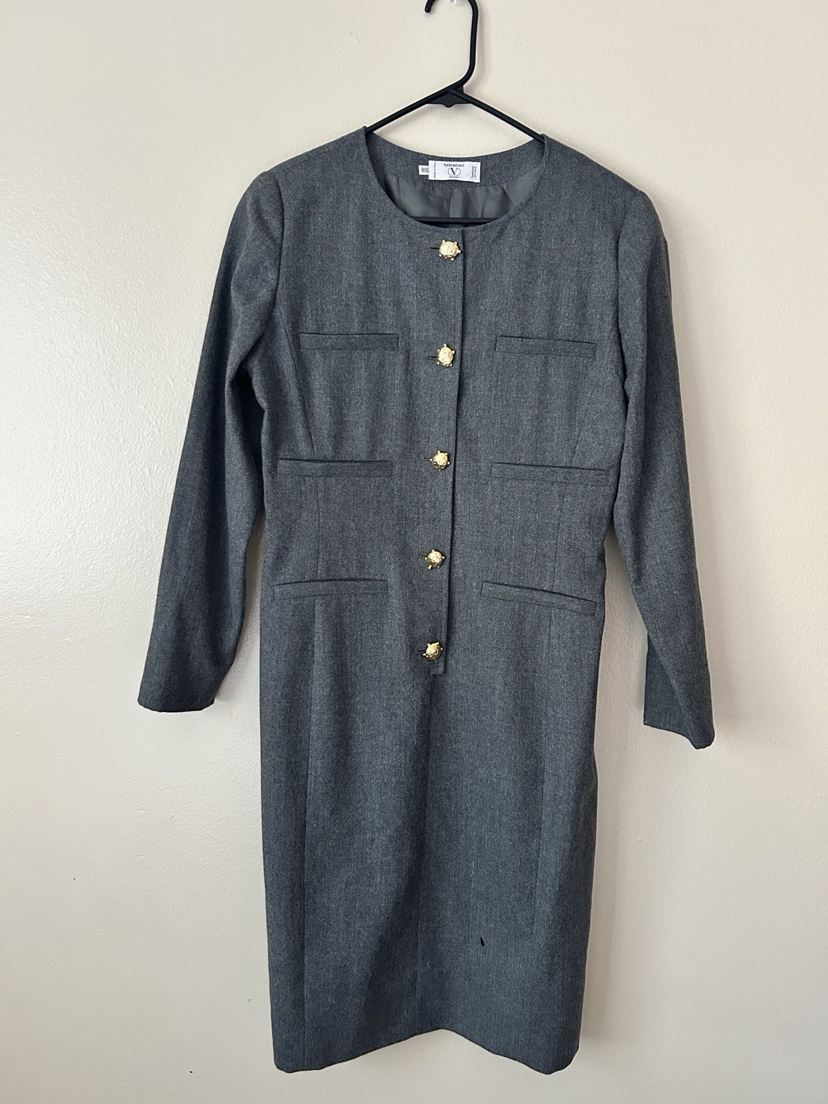 VTG 1991 Valentino Miss V Grey Wool Midi Dress Gold Turtle Buttons Size 44 AS IS