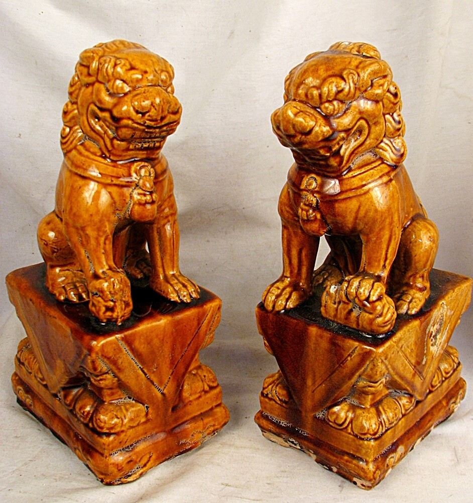 LG ANTIQUE CHINESE FOO DOGS HANDMADE w OCHER GLAZE c.1890