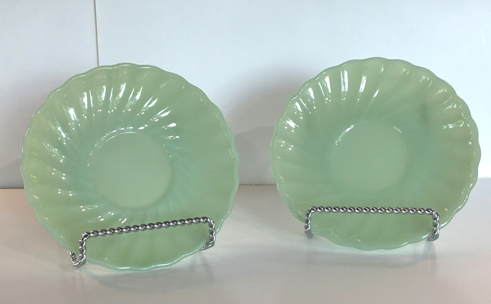 Vintage 1960s Fire King Jadeite Shell Swirl Saucer Set of 2 Anchor Hocking Green